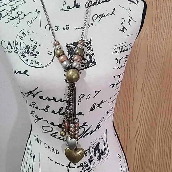 #34 set of 3 statement necklaces chunky heart metallic design beaded eclectic - Picture 4 of 4